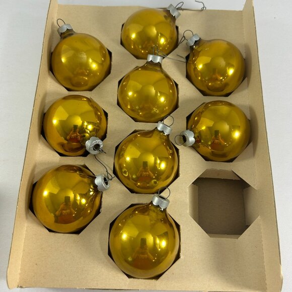 Vintage Noelle 9 Gold Glass Ball Christmas Ornaments USA Holiday W Box READ - Picture 2 of 7